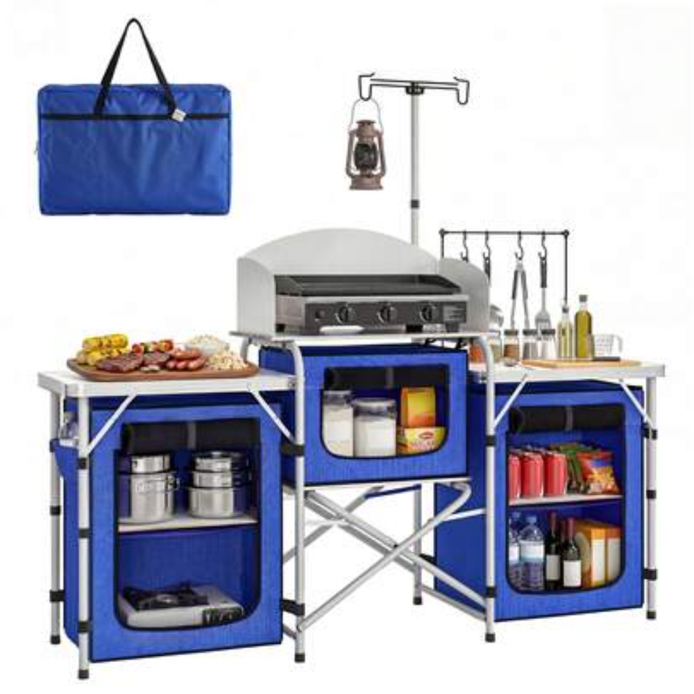 Camping Cooking Table With Windshield - Aluminum Camping Kitchen Table Portable Folding