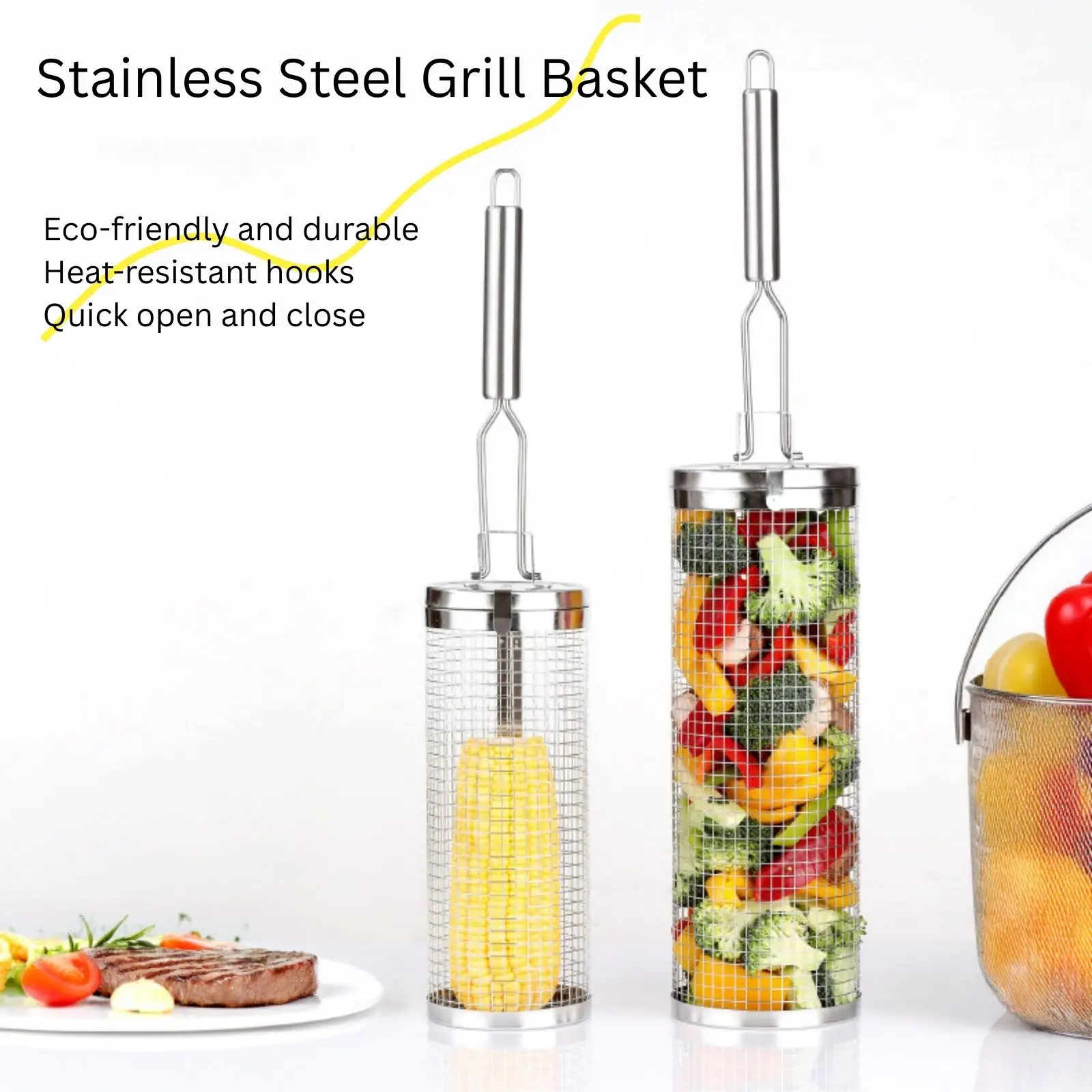 Camping Cooking Roll - Stainless Steel Rolling Grill Basket –