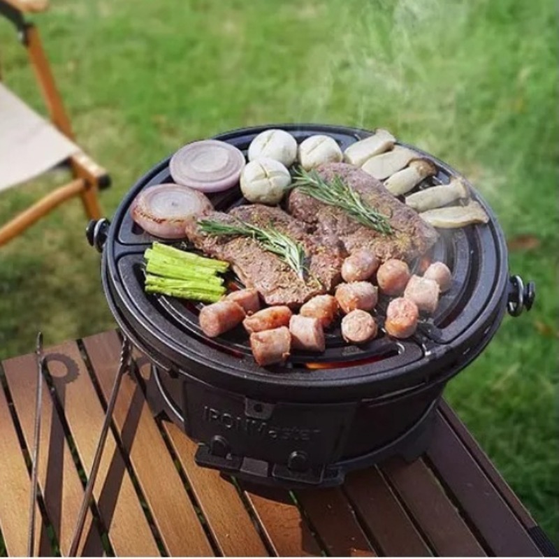 Round Charcoal Grill, Food-Saf - Camping Cooking Cast Iron 评论和价格