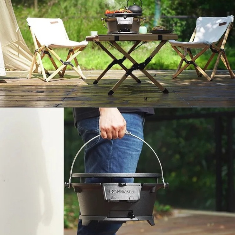 Round Charcoal Grill, Food-Saf - Camping Cooking Cast Iron 评论和价格